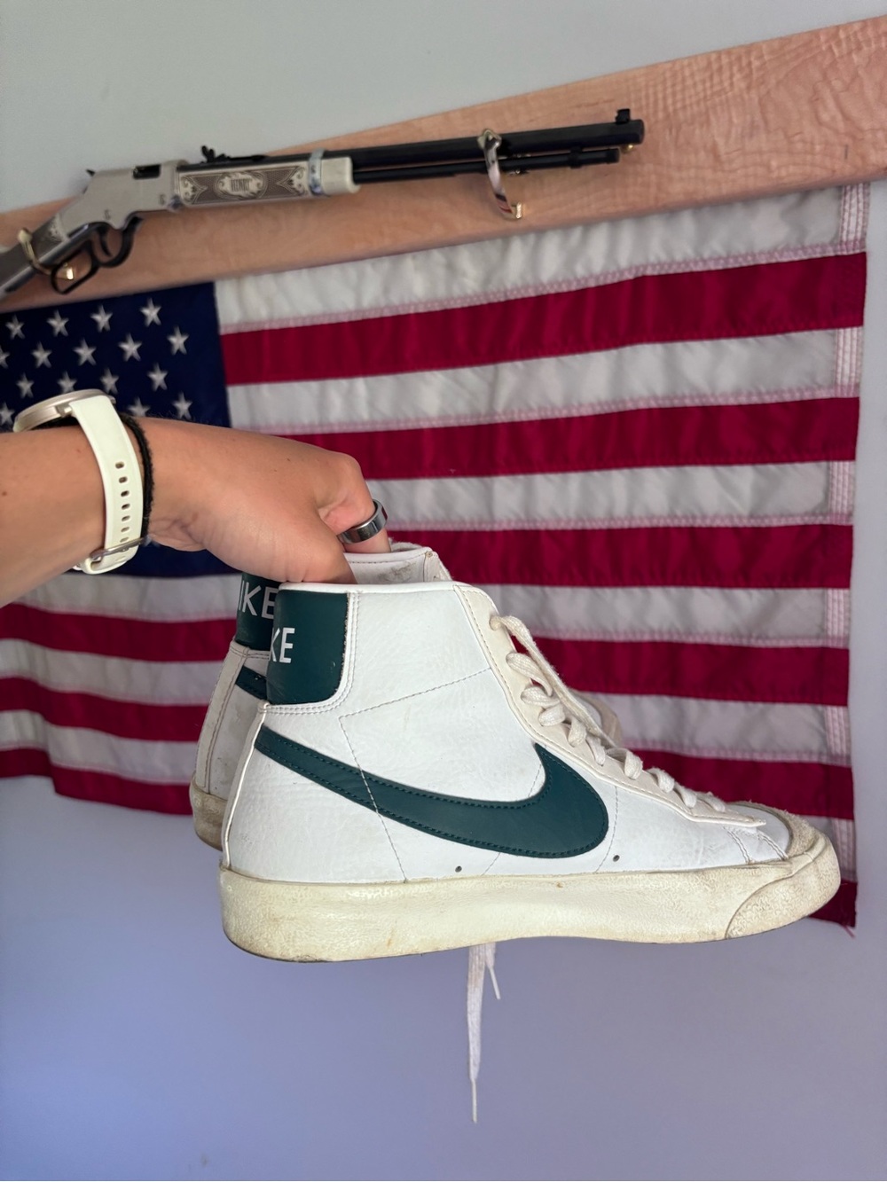 Nike High-Top Sneakers White with Dark Green Swoosh